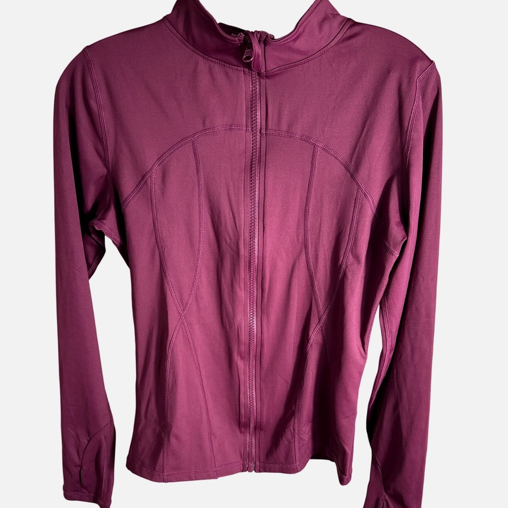 Womens Full Zip Athletic Jacket Wine Burgundy Mock Neck Thumbholes Size M